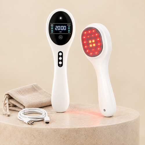 WarmWag Comfort Light front and back: timer display and red plus near-infrared light head