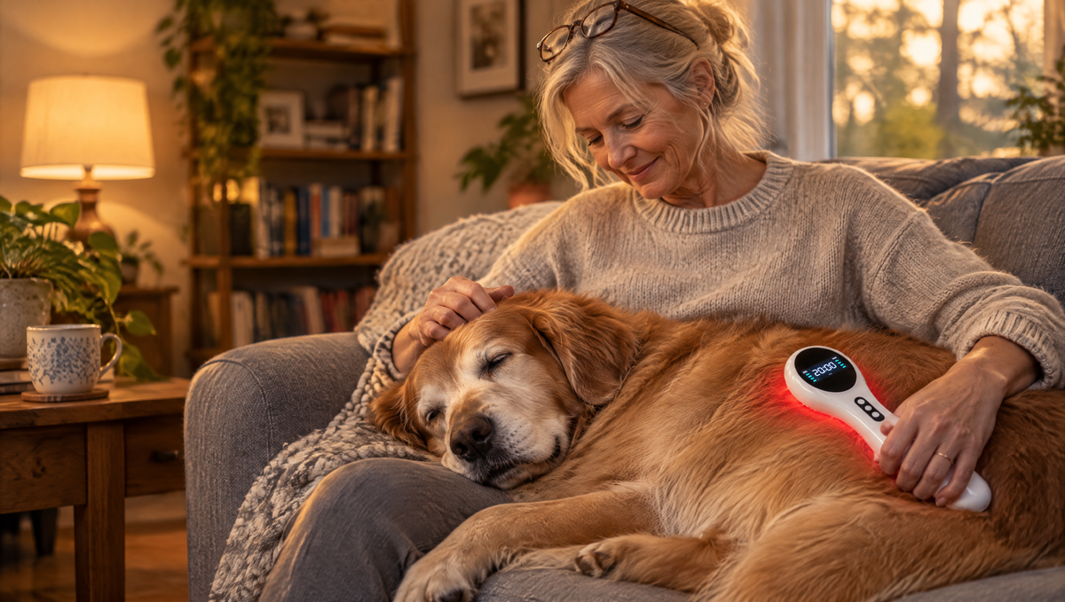 Woman on the couch resting the WarmWag Comfort Light on her senior golden retriever's hip