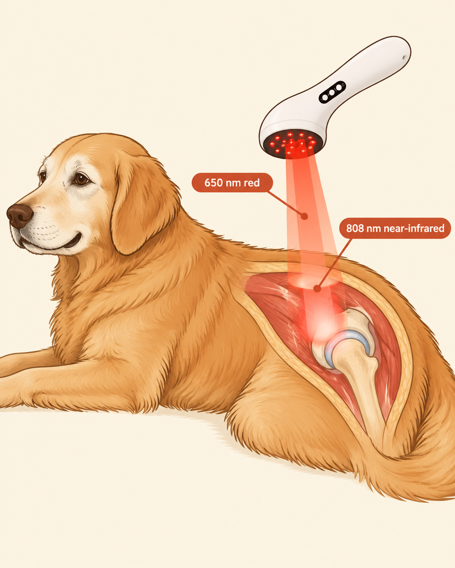 Illustration: 650 nm red light reaches the surface tissue and 808 nm near-infrared light reaches deeper toward a dog's hip joint
