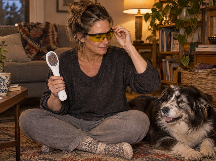 Owner putting on protective glasses next to her relaxed senior dog