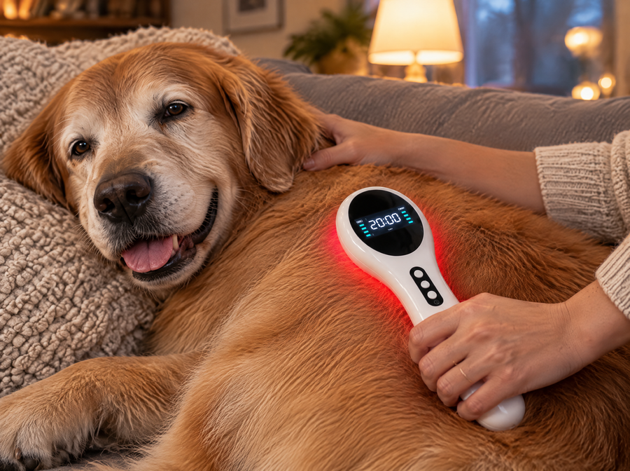 Resting the WarmWag light flat on a golden retriever's shoulder