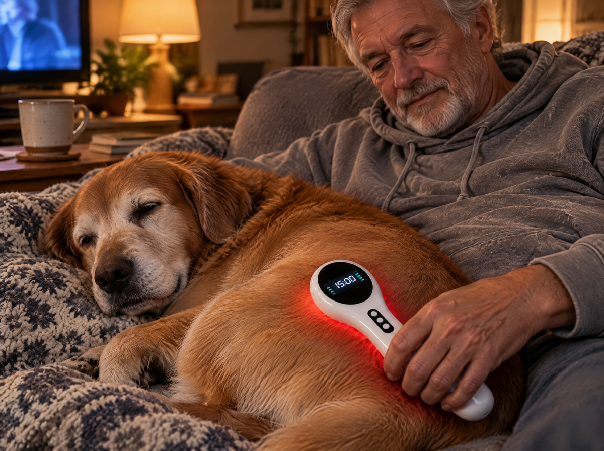 Owner resting the WarmWag Comfort Light on his senior dog's hip on the couch in the evening