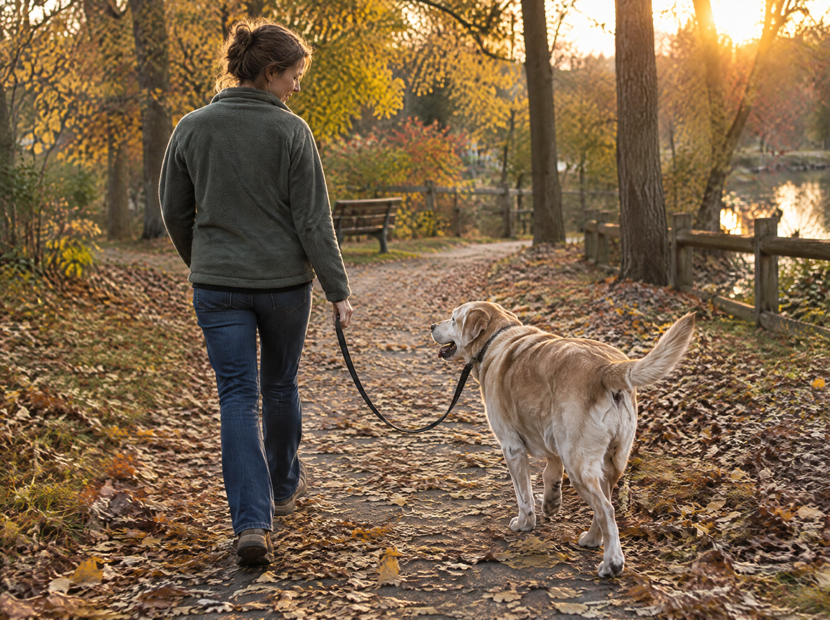 Woman walking her senior dog on an autumn path