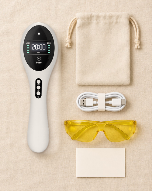 What's in the box: WarmWag Comfort Light, carry pouch, USB-C cable, protective glasses, quick-start card